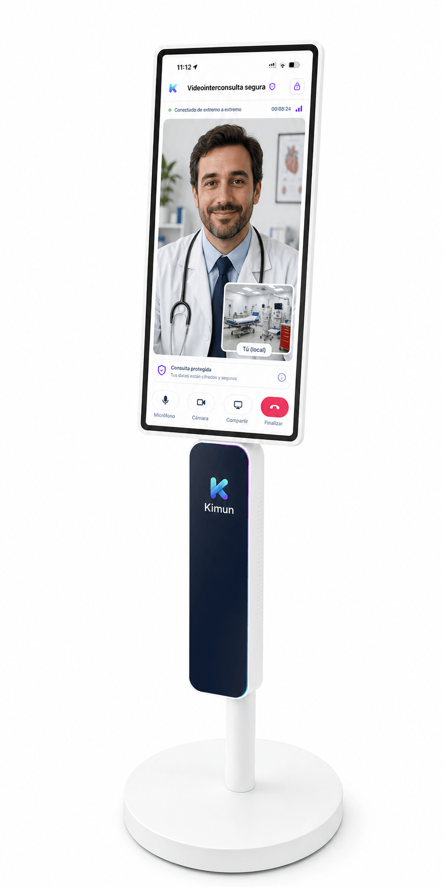 Health Station Kimun: pantalla táctil vertical de gran formato con videointerconsulta y soporte de pie
