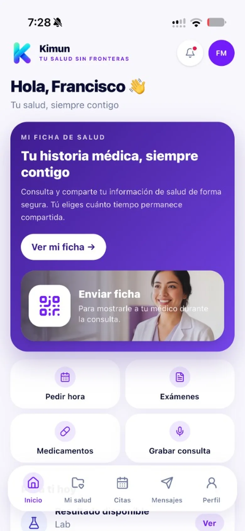 Pantalla de inicio de Kimun para pacientes